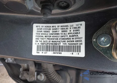 2017 Honda Civic Lx из США, поврежденный, VIN 19XFC2F57HE206127